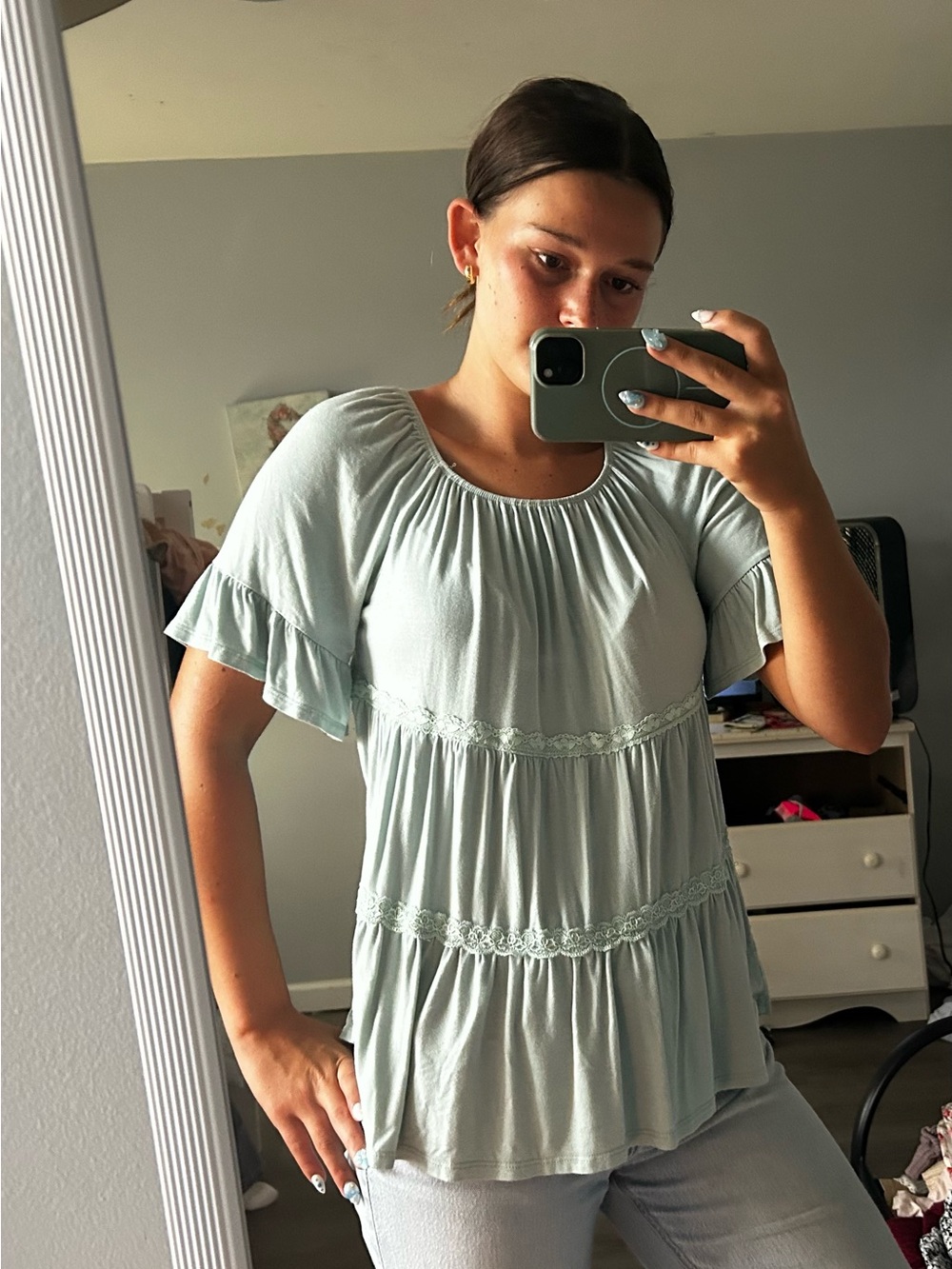 Light Sage Ruffled Tiered Women's Top